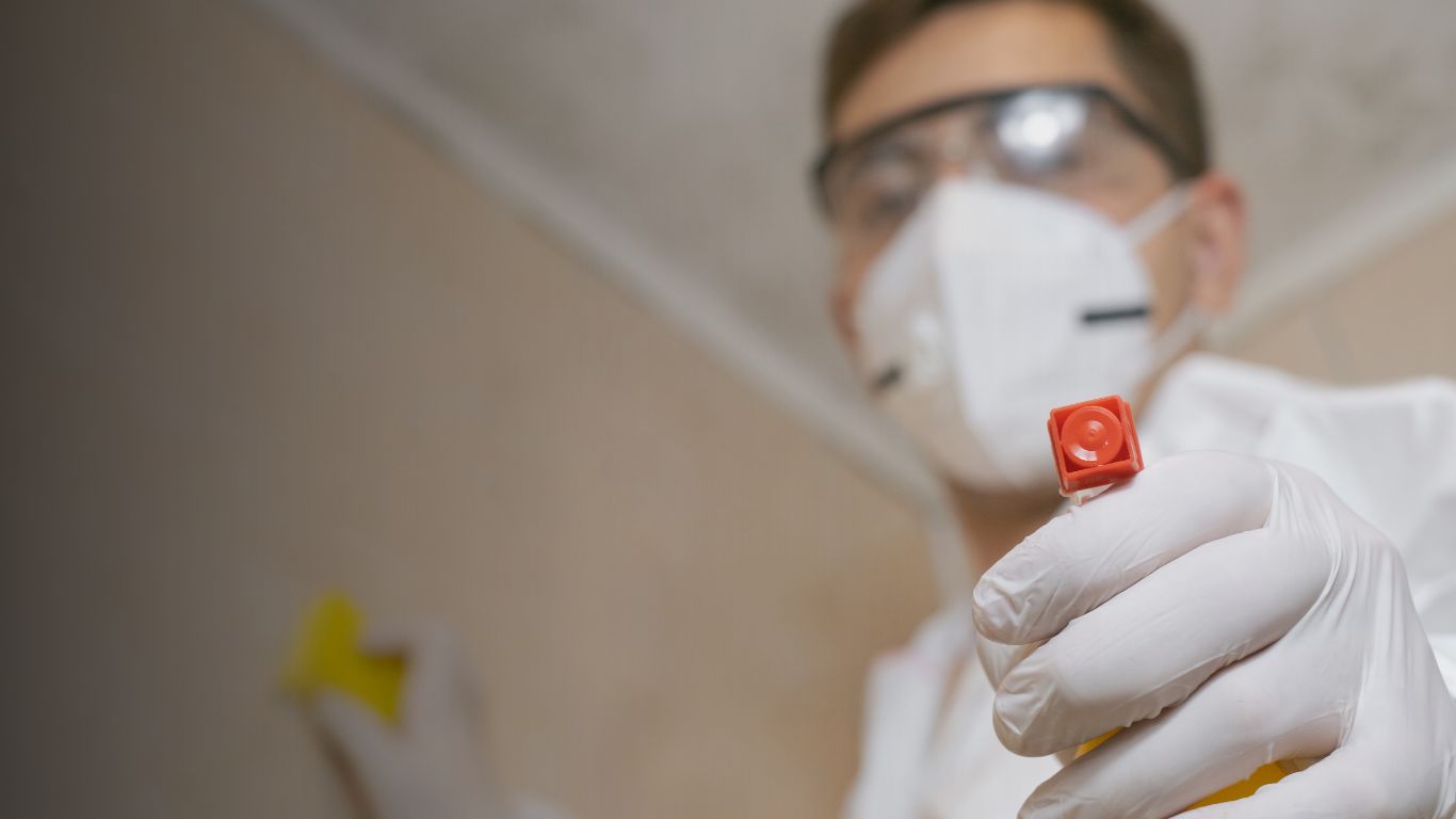 Technician in mask and gloves performing professional odor removal with disinfectant spray.